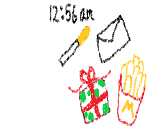 An image of a drawing drawn with colourful crayons having an envelop, a cigarette, a birthday present and french fries from macdonalds in it.